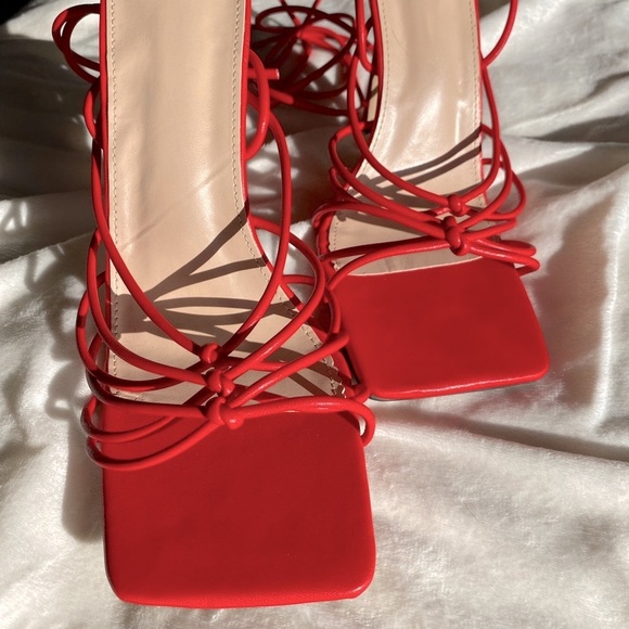 Red Strappy Square Toe Lace-Up Women's Heels - Picture 11 of 11